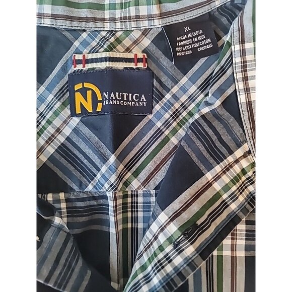 Nautica Jeans Co Men Blue Green Plaid Shirt Short Sleeve Pocket Button Up Sz XL - Picture 11 of 16